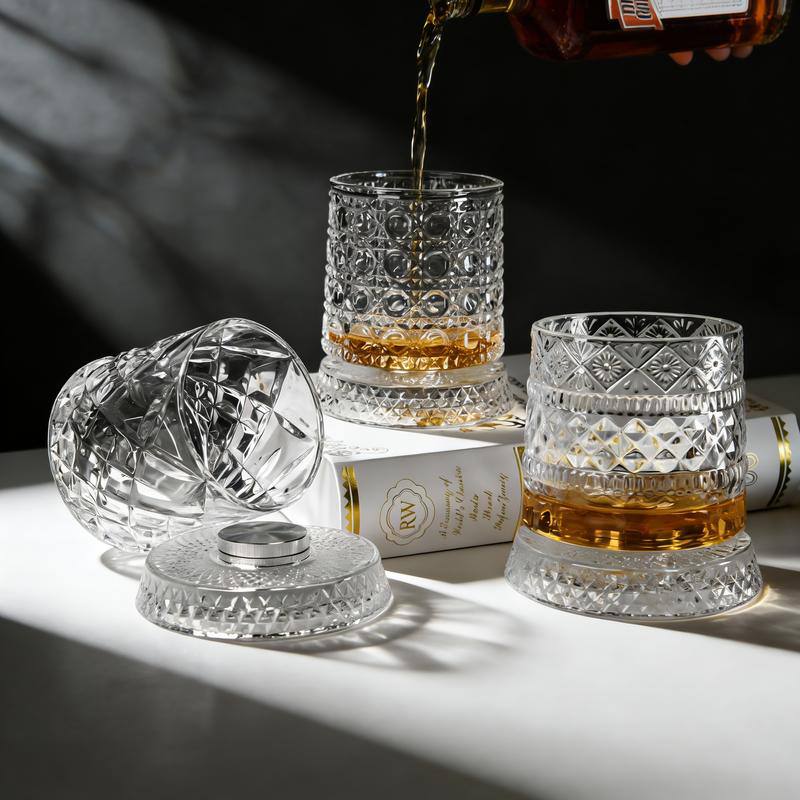 * Luxury Crystal Tumbler, Star-Cut Rotating Whiskey Glass, Elegant Drinking Experience